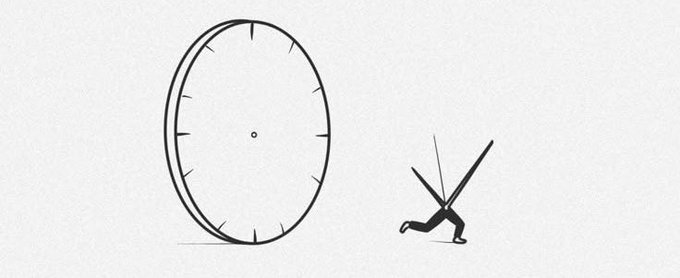 A simple illustration depicts a person struggling to push a large clock or wheel, suggesting a metaphor for time management or pressure.