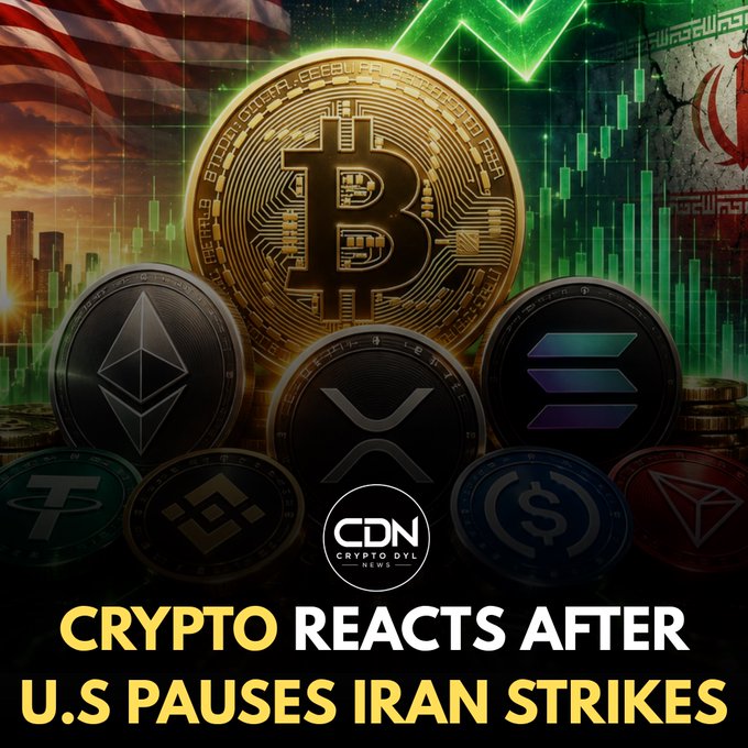 The image is a CryptoDyl News graphic featuring prominent cryptocurrency logos including Bitcoin, Ethereum, and XRP against a backdrop of the U.S. flag, Iranian flag, and green trading charts, with the headline "CRYPTO REACTS AFTER U.S PAUSES IRAN STRIKES." This visually ties the geopolitical development mentioned in the post—U.S. cancellation of strikes on Iran easing tensions—to the resulting modest gains in major digital assets like Bitcoin, Ethereum, and XRP.