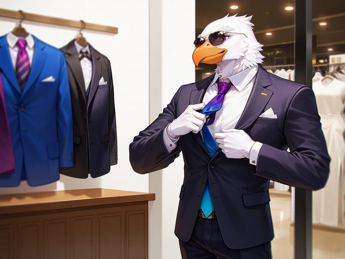 An AI-generated image of an anthropomorphic bald eagle wearing sunglasses and adjusting a blue and purple tie on a dark purple suit, standing in a high-end suit shop.
