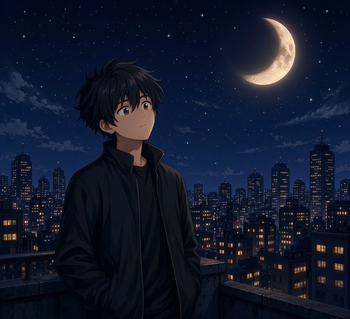 An anime-style illustration of a young man with dark hair wearing a black jacket, standing on a rooftop overlooking a city skyline at night under a crescent moon and starry sky.