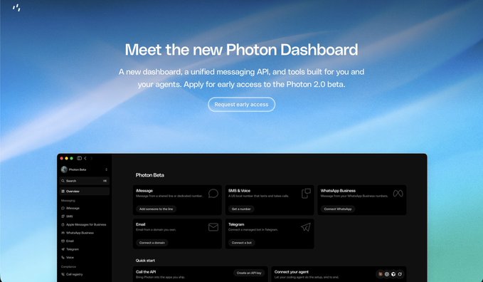 A landing page for 'Photon Dashboard' promoting a Photon 2.0 beta with a unified messaging API and various messaging platform integration options.