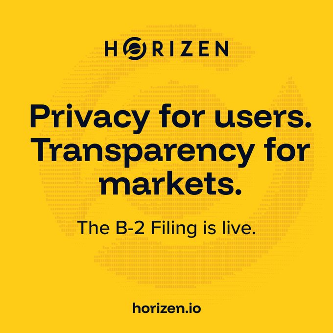 A bright yellow promotional graphic for Horizen featuring the company logo and a dotted world map background. The bold text reads "Privacy for users. Transparency for markets. The B-2 Filing is live." with the URL "horizen.io" at the bottom, celebrating the launch of Horizen's B-2 Token Transparency Filing as mentioned in the post.