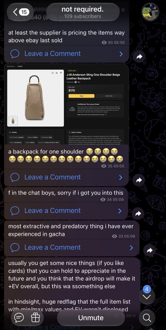A screenshot of a Telegram chat from a 109-subscriber channel shows a user complaining for three days about being tricked into overpaying for a J.W. Anderson Sling One Shoulder Beige Leather Backpack priced at $170 on eBay, calling the experience an "extractive and predatory" gacha situation where buyers pay upfront hoping for rare cards, while the seller profits via "EV" (expected value) math.
