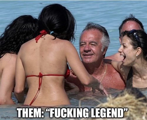 A meme image (imgflip.com) showing former FIFA president Sepp Blatter in a pool surrounded by smiling young women in bikinis, captioned "THEM: 'FUCKING LEGEND'".