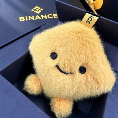 A fuzzy, beige, square-shaped plush toy with a simple smiley face sits inside a dark blue box with "BINANCE" and "ICE" branding.
