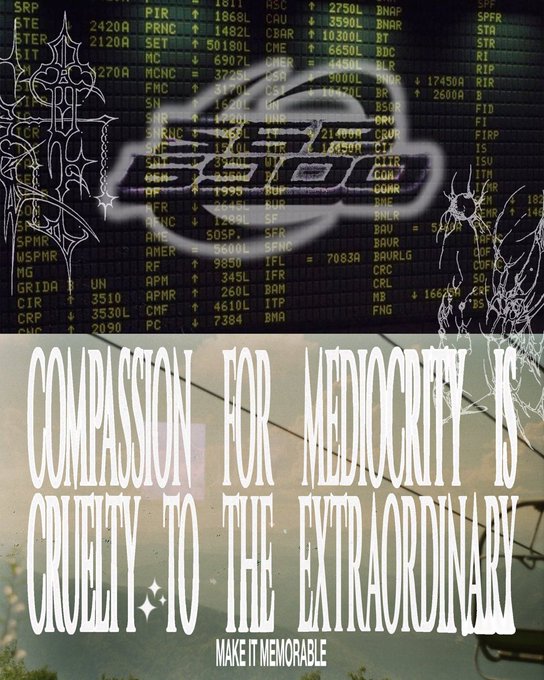 The image shows a stock market ticker board overlaid with the SPX6900 cryptocurrency logo, featuring the bold text "COMPASSION FOR MEDIOCRITY IS CRUELTY TO THE EXTRAORDINARY" and "MAKE IT MEMORABLE" at the bottom, visually tying the paradigm-shifting nature of SPX6900's rise to a rebellious rejection of average performance in favor of extraordinary outcomes.