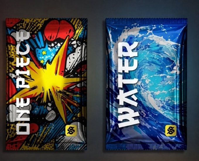 Two collectible-style foil pouches labeled 'ONE PIECE' (with a comic-style explosion design) and 'WATER' (with a blue wave design), each featuring a small dollar sign logo.