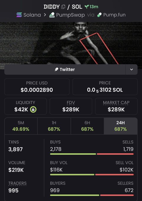A cryptocurrency trading interface for a token named 'DIDDY / SOL' on the Solana network via PumpSwap, showing a price of $0.0002890, market cap of $289K, and a dramatic 687% gain over 24 hours.