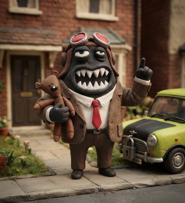 A claymation-style monster wearing an aviator cap, suit, and tie holds a teddy bear in front of a brick building and green Mini Cooper.