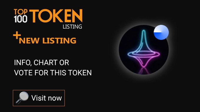 A promotional graphic advertising a 'TOP 100 TOKEN LISTING' with a new listing and a 'Visit now' button.