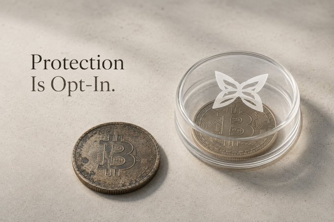 An advertisement with the text "Protection Is Opt-In." showing a worn Bitcoin coin next to a clear container holding a Bitcoin with a white butterfly/moth logo (MetaMask) etched on the lid.