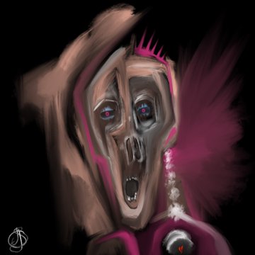 A stylized digital painting depicts a hooded figure with pink spiky hair, a pink cape, and a skeletal, screaming face with wide purple eyes.
