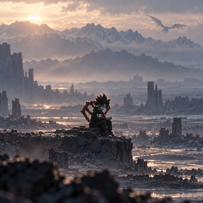A fantasy digital artwork showing an anime character with spiky hair sitting on a rocky cliff overlooking a vast ruined landscape with snow-capped mountains and a dragon flying in the sunset sky.