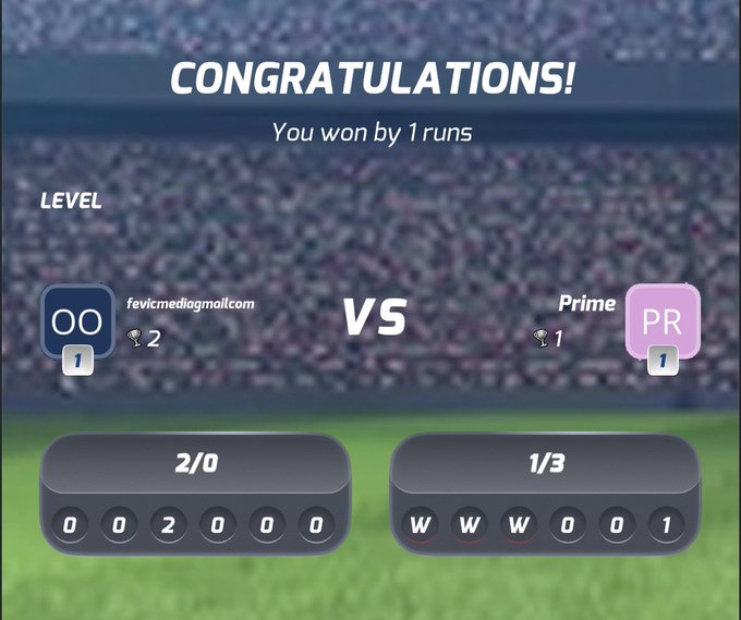 A baseball game screen displays 'CONGRATULATIONS! You won by 1 runs' with player 'fevicmediogmailcom' (OO) defeating 'Prime' (PR), showing a 2/0 score with 0 hits and 0 errors for OO and 1/3 with 3 walks for Prime.