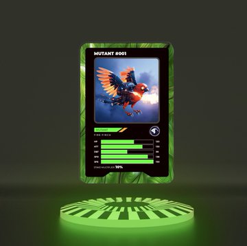 A digital collectible card labeled 'MUTANT #001' featuring a griffin-like creature with eagle and lion features, displayed above a green glowing circular platform.