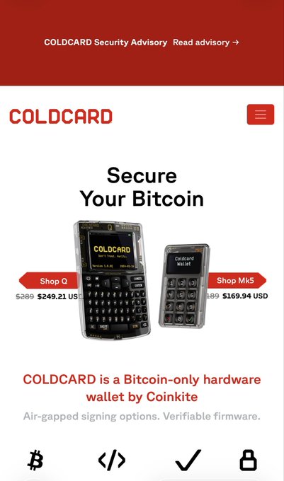 The image shows the COLDCARD website homepage featuring their Bitcoin hardware wallets, with the Q5 priced at $249.21 USD and the Mk5 at $169.94 USD, alongside the tagline "Secure Your Bitcoin." The post relates to the image by referencing a Coldcard security incident, using the company's product display to emphasize that despite COLDCARD's marketing of "Air-gapped signing options" and "Verifiable firmware," physical hardware alone cannot guarantee Bitcoin safety—reinforcing the message that cold storage security depends entirely on the integrity of the private key generation and protection process.
