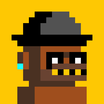 A pixel-art portrait of a character with dark skin wearing a black fedora and a cyan earring, set against a solid yellow background.