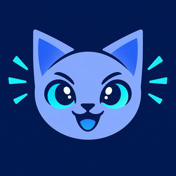 A cute cartoon blue cat face emoji with large expressive eyes, a small smiling mouth, and bright cyan accent marks radiating from its cheeks.
