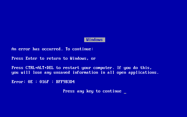 A classic blue Windows BSOD (Blue Screen of Death) error screen displaying 'An error has occurred' with the error code '0E : 016F : BFF9B3D4'.