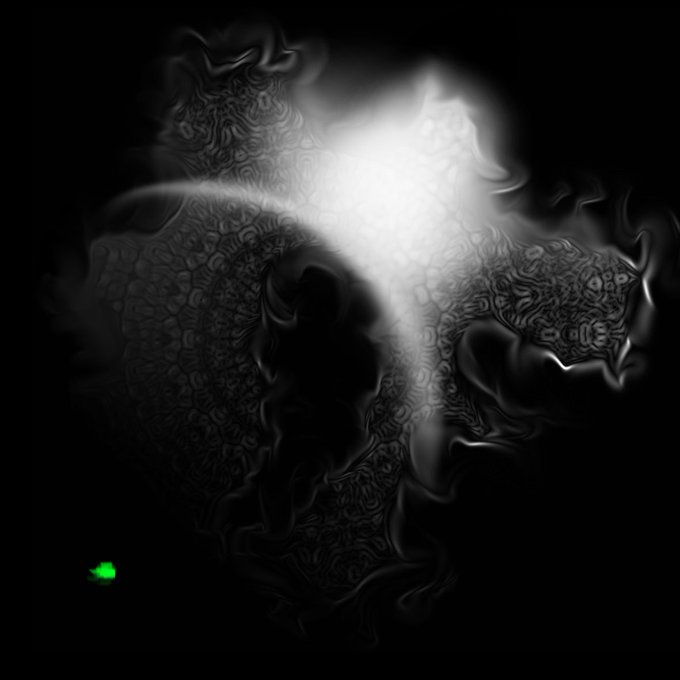 An abstract black and white fractal or smoke-like pattern with intricate, swirling textures and a small green leaf-like shape in the bottom left.
