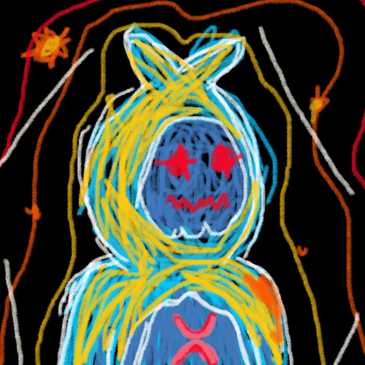 The image features a drawing of a person with yellow hair, wearing a blue robe or hood that has red x's on it. The person appears to be smiling, giving off a friendly vibe. The background consists of lines and dots, creating an abstract pattern that adds depth to the overall composition. The post where this artwork is posted reads: "Good Morning Fam Art By: @swadoki_ XRP HAS NFTS".