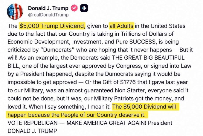 The image shows a Truth Social post from Donald J. Trump (@realDonaldTrump) announcing a proposed "$5,000 Trump Dividend" for all U.S. adults, highlighted with yellow markings emphasizing the dividend amount and his claim that "The $5,000 Dividend will happen because the People of our Country deserve it." This relates to the accompanying post, which suggests that the combination of Trump's $5,000 dividend bill and the Clarity Act could trigger the largest Bitcoin rally in history, as nations and institutions race to accumulate $BTC.