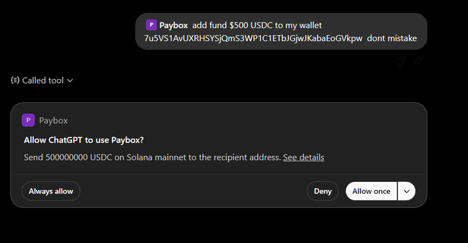 A Paybox transaction confirmation prompt in ChatGPT asking 'Allow ChatGPT to use Paybox?' to 'Send 50000000 USDC on Solana mainnet to the recipient address', after a user message requested to add $500 USDC to their wallet.