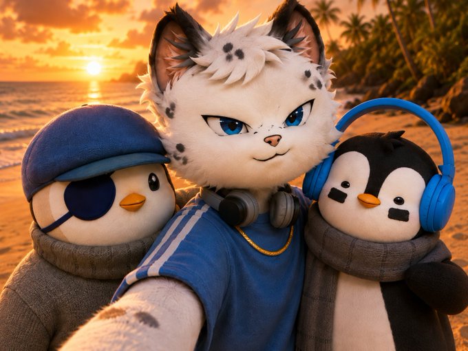 A stylized digital illustration of a snow leopard character with blue eyes wearing headphones, flanked by a pirate penguin and another penguin with blue headphones, set against a tropical beach sunset.