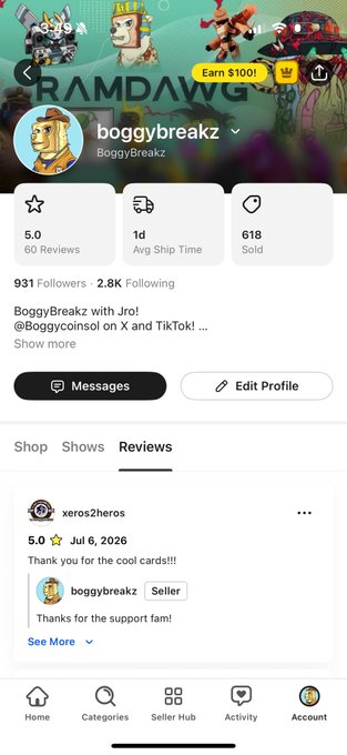 A screenshot of a mobile app profile page for seller 'bogg ybreakz' (@BoggyBreakz) showing 5.0 stars, 60 reviews, 618 sold, and 931 followers.