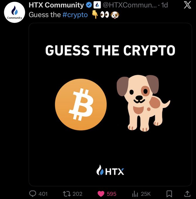 An HTX Community social media post titled "GUESS THE CRYPTO" displays a Bitcoin logo alongside a cartoon dog, prompting playful speculation among its 25K viewers to connect the imagery to "$dog" going "to the moon." The post has garnered 595 likes, 202 reposts, and 401 comments as users guess the cryptic crypto reference.