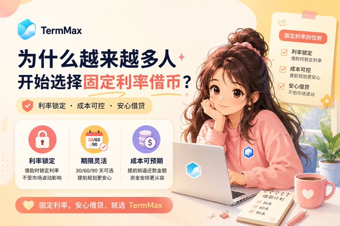 An advertisement for TermMax featuring an anime-style illustration of a girl using a laptop, promoting fixed-rate crypto lending with features like locked interest rates, flexible terms (30/60/90 days), and predictable costs, with Chinese text asking why more people are choosing fixed-rate lending.