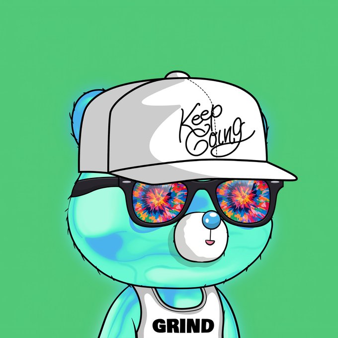 A cartoon turquoise bear wearing a white 'Keep Going' cap, tie-dye sunglasses, and a 'GRIND' tank top on a green background.
