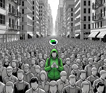 An anime-style illustration of a lone figure in a green hoodie using a smartphone, standing out from a massive grayscale crowd of people in a city street.