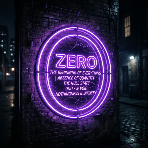 A purple neon sign on a brick wall reads 'ZERO: THE BEGINNING OF EVERYTHING, ABSENCE OF QUANTITY, THE NULL STATE, UNITY & VOID, NOTHINGNESS & INFINITY.'