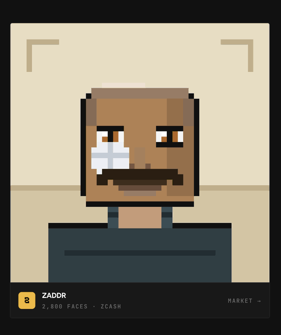 A pixel art portrait of a character with a coffee cup over one eye, labeled 'ZADDR' with '2,800 FACES • ZCASH' at the bottom.