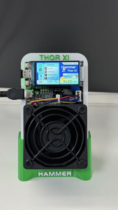 A green and white Thor X1 cryptocurrency mining device displays a screen reading "Hammer Thor X1" with a hashrate of 3420 GH/s, voltage of 11.12V, and current of 1074mA, accompanied by a large cooling fan on the front. The image showcases the compact, custom-built ASIC miner highlighted in the post as achieving overclocked performance between 3.4T-3.5T for solo Bitcoin mining.