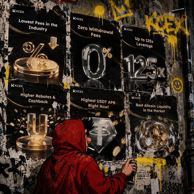 A street art mural featuring KCEX cryptocurrency exchange advertisements (0% fees, 125x leverage, USDT APR) with a hooded figure spray-painting yellow graffiti in the foreground.