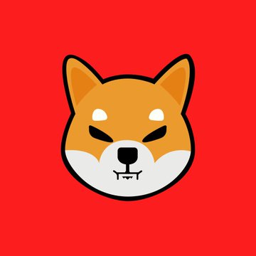 A stylized illustration of an orange Shiba Inu dog face on a solid red background.