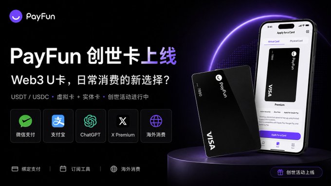 A promotional banner for 'PayFun 创世卡上线' (PayFun Genesis Card launch), advertising a Web3 Visa card supporting USDT/USDC and features like ChatGPT and X Premium.
