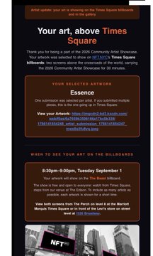 An informational graphic titled 'Your art, above Times Square' announces that the artist 'Essence' was selected for a part of the 2025 Community Artist Showcase, with details about being on Times Square billboards on Tuesday, September 3, 8:30pm-9:00pm.