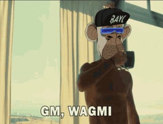 Digital illustration of a brown monkey wearing a black cap with 'BAYC', blue sunglasses, and smoking, with the caption 'GM, WAGMI' displayed at the bottom.