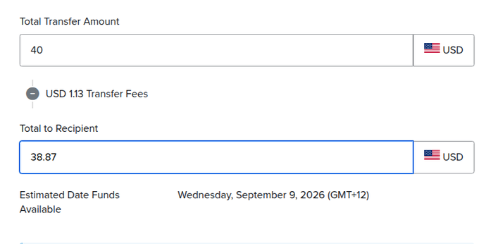 A money transfer interface showing a $40 USD transfer with $1.13 in fees, leaving the recipient only $38.87, illustrating the high fees the post is complaining about. The user's frustration about excessive USD transfer fees is reflected in the nearly 3% fee eating into such a small $40 transaction.