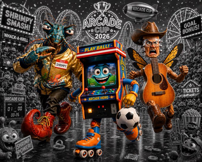 A wild AI-generated 'ARCADE CUP 2026' promo featuring a lobster-headed mascot named SHRIMPY, an arcade machine, and a cowboy-headed acoustic guitar with fairy wings in a stadium setting.