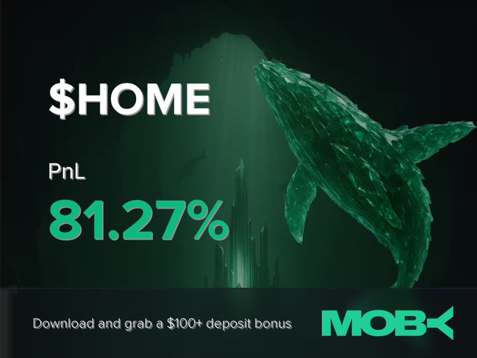 A promotional Moby Mobile graphic displays a $HOME token win alert showing a PnL of 81.27%, alongside an underwater scene featuring a geometric whale and "$100+ deposit bonus" text, visually celebrating the trader's profitable close as mentioned in the post.