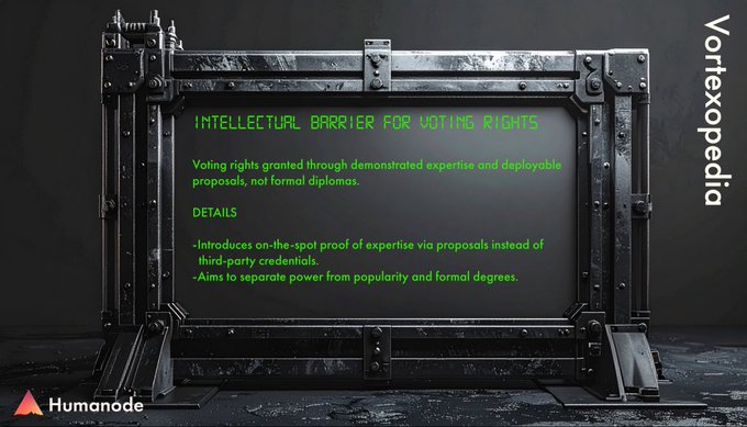 The image, branded "Vortexpedia" by Humanode, displays a rugged digital screen presenting today's entry titled "INTELLECTUAL BARRIER FOR VOTING RIGHTS," which explains that voting rights would be granted through demonstrated expertise and deployable proposals rather than formal diplomas or credentials.