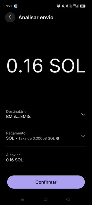 A smartphone screenshot showing a crypto wallet confirmation screen in Portuguese for sending '0.16 SOL' to recipient 'BMnk...EM3u'.