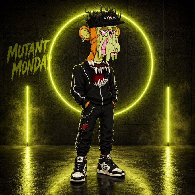 A stylized illustration of a mutant monkey character wearing streetwear (black jacket, cap, sneakers) with 'Mutant Monday' text and 'MadYC' branding against a neon-lit background.
