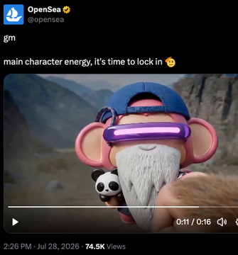 A screenshot of a tweet from OpenSea (@opensea) saying "gm main character energy, it's time to lock in" with an attached video of a furry character wearing VR goggles.