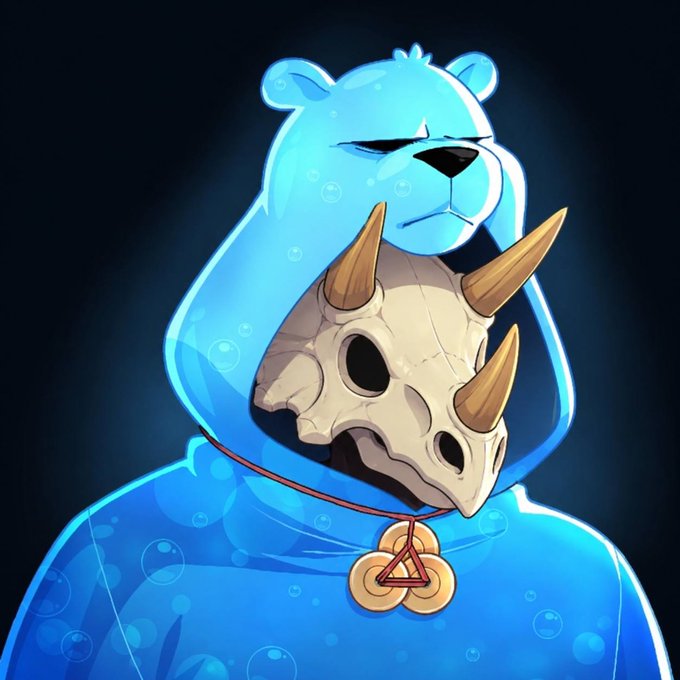 The image depicts a blue, ethereal bear spirit wearing a triceratops skull around its neck, adorned with a symbol of three overlapping circles (the Triskelion) — this is Eirik Halsinger, better known as "Deaton," a character from *Teen Wolf* and *Teen Wolf: The Movie*. The post humorously references his obscure nature as a spirit figure, with the image showcasing his iconic mystical bear form.