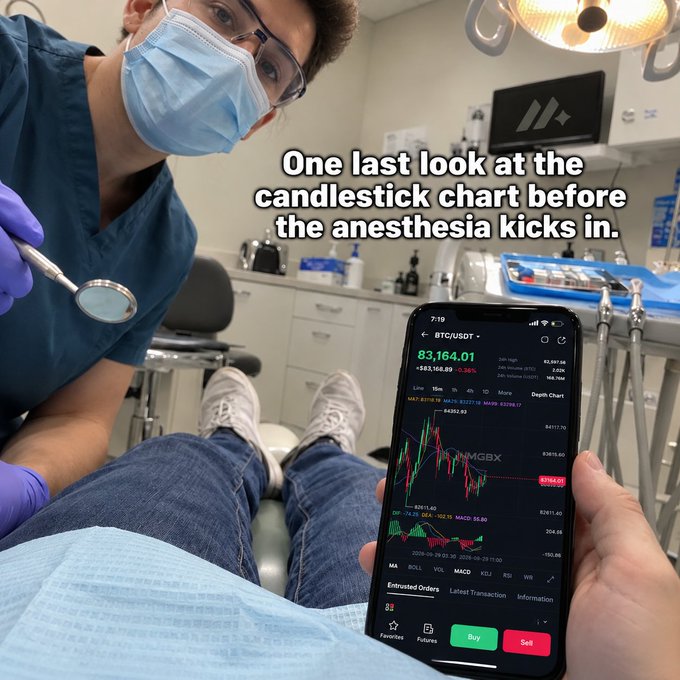 A dental patient holds up a phone displaying a BTC/USDT candlestick chart showing a price of 83,164.01, with the caption 'One last look at the candlestick chart before the anesthesia kicks in.'